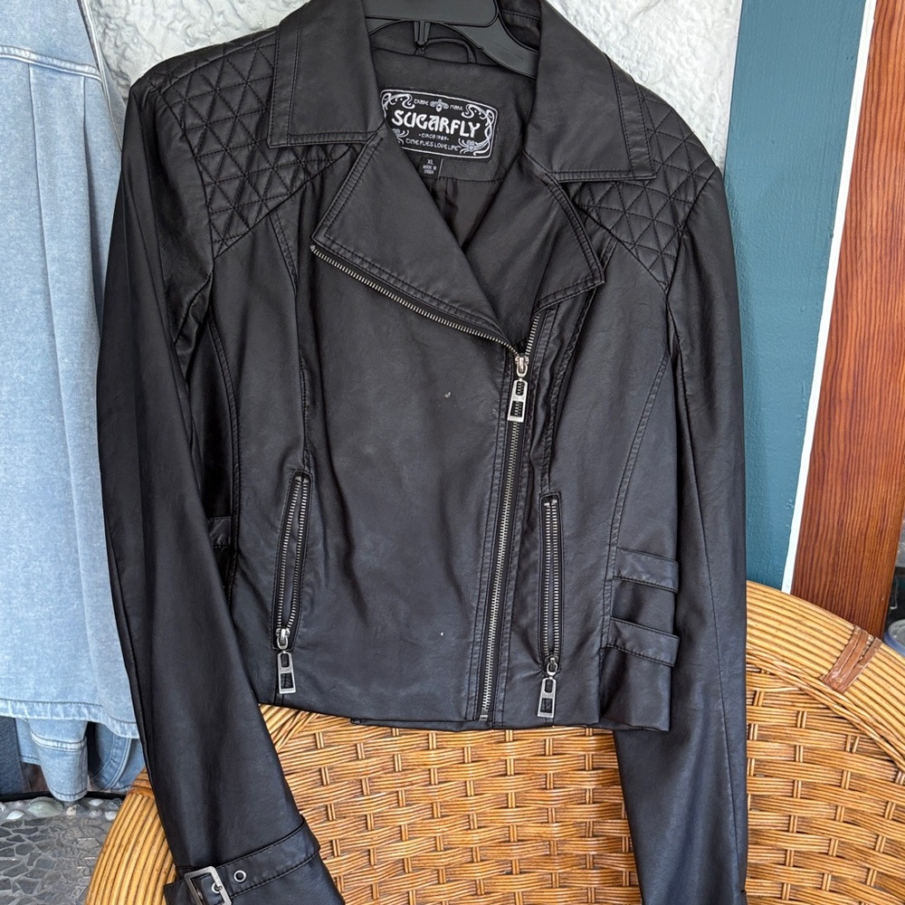 Sugarfly Black Leather Women's Jacket with Quilted Shoulders